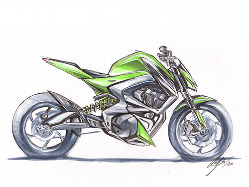 Zeichenübung im Rahmen des Projektes Black Tea, Electric Motorcycle